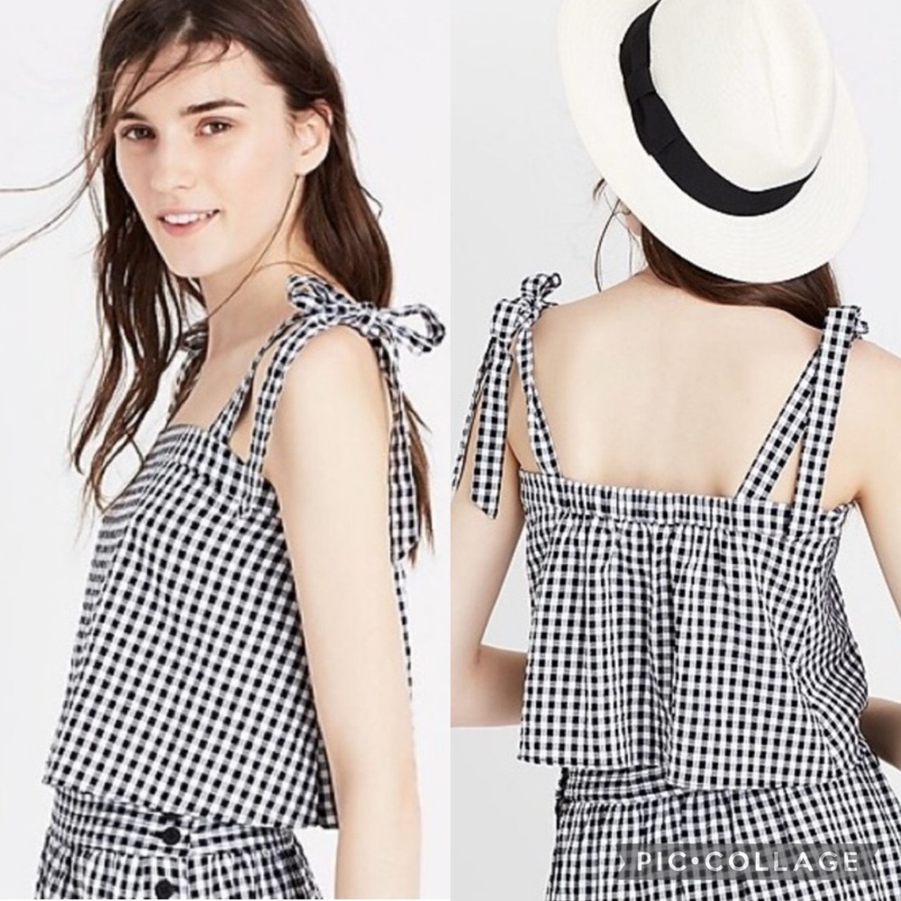 J. Crew Boho Black & White Gingham Print Sleeveless Tie Strap Cami Tank Top